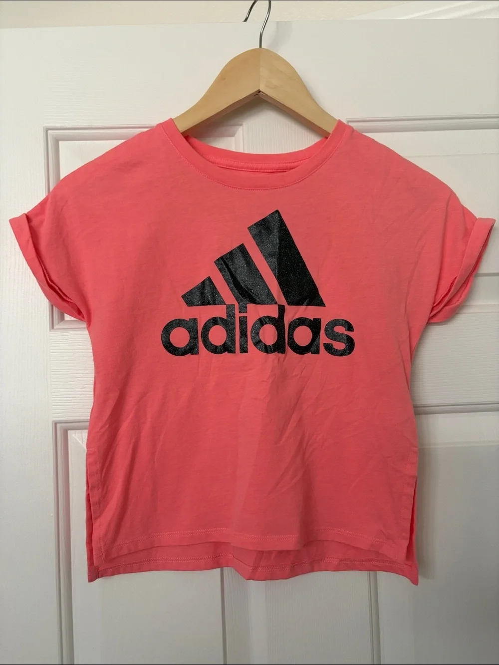adidas Bright Coral Tee with Black Logo - Kids Short Sleeve